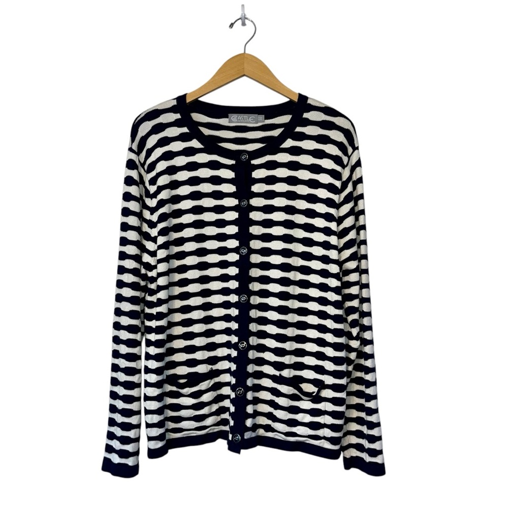 Castle Of Ireland Womans Cardigan Size 48 (16) Navy White Stripe Viscose‎ Nylon